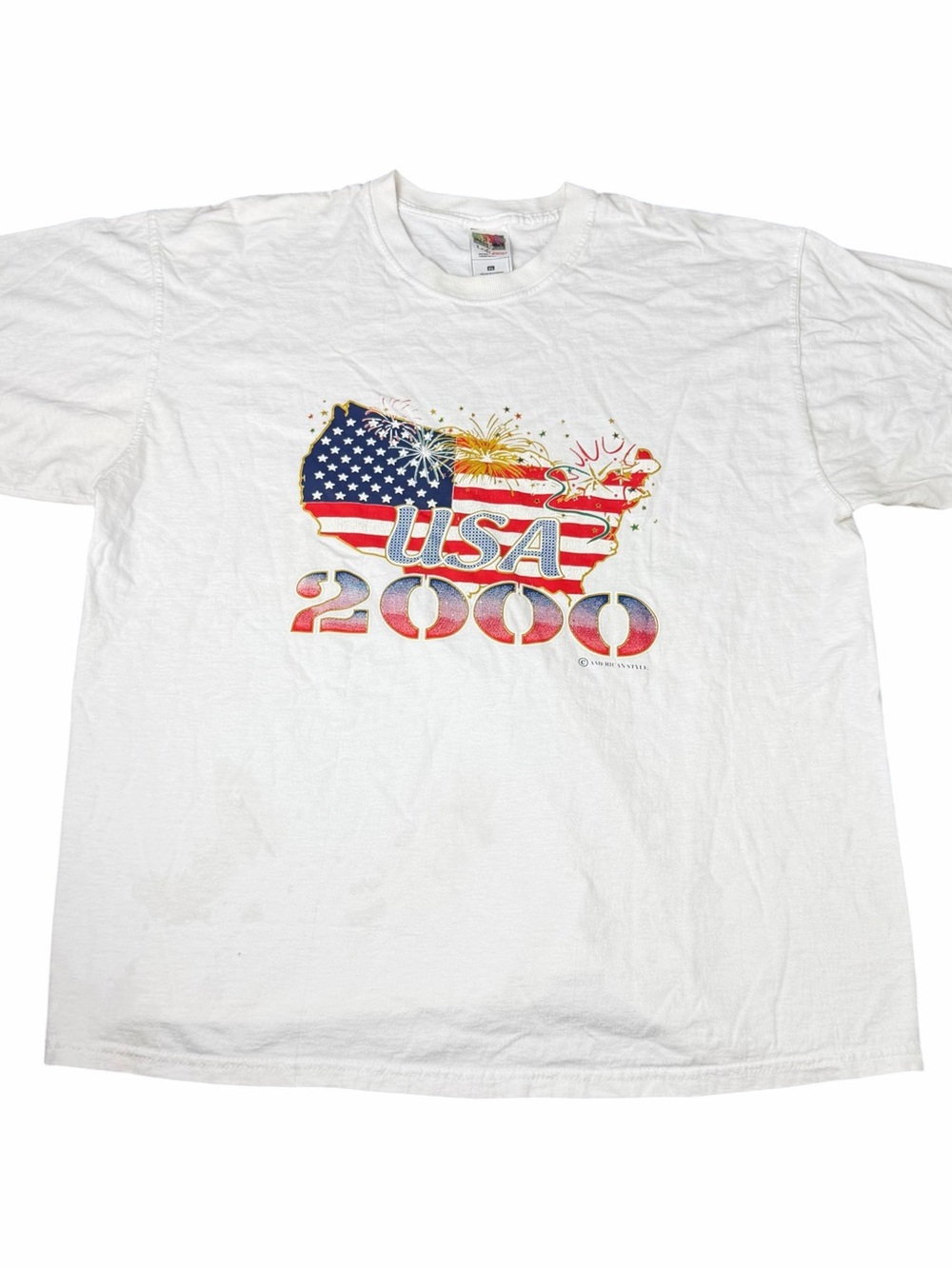 Vintage USA July 4th 2000 Graphic T-Shirt White Adult Size XL American Fireworks
